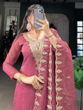 Gleaming Pink Organza Thread Embroidered Festival Wear Straight Suit - Ethnic Plus In