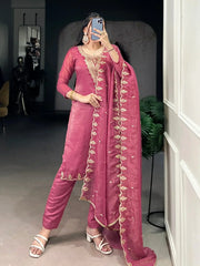 Gleaming Pink Organza Thread Embroidered Festival Wear Straight Suit - Ethnic Plus In