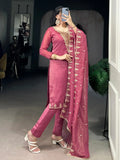 Gleaming Pink Organza Thread Embroidered Festival Wear Straight Suit - Ethnic Plus In