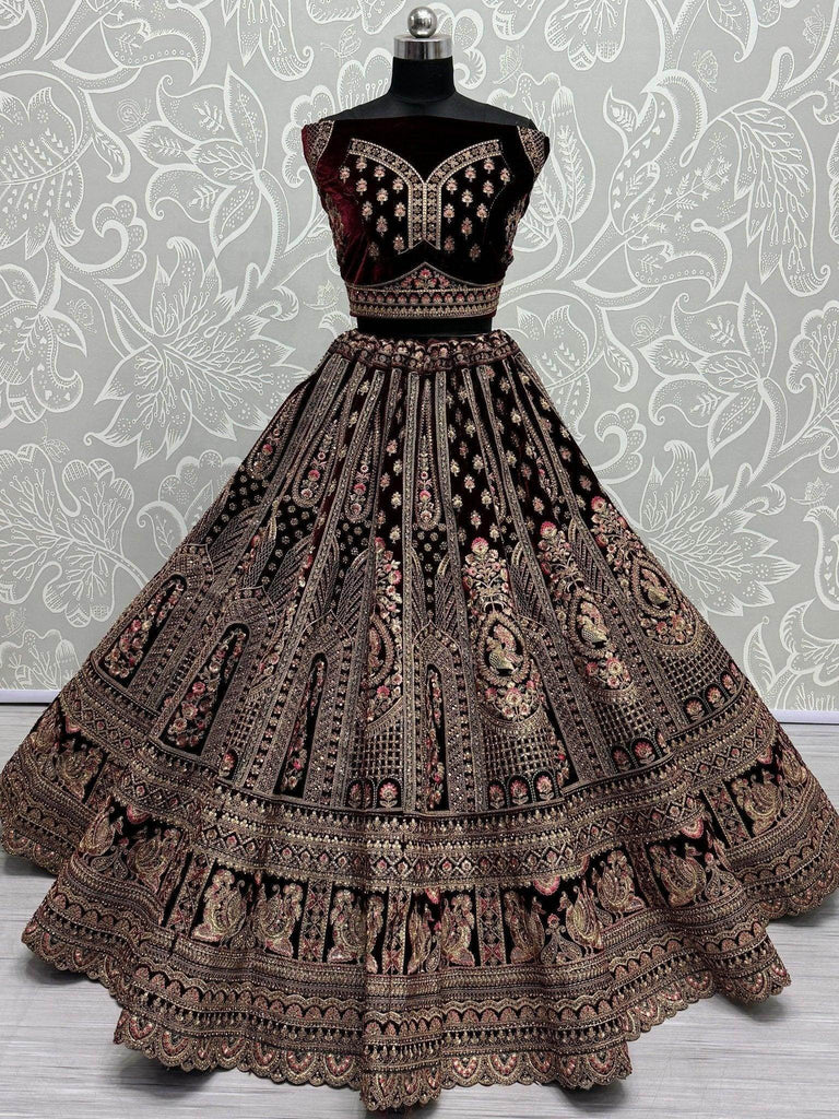 Glorious Dark Maroon Velvet Bridal Lehenga Choli With Double Dupatta - Ethnic Plus In