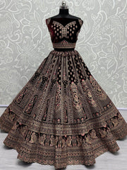 Glorious Dark Maroon Velvet Bridal Lehenga Choli With Double Dupatta - Ethnic Plus In