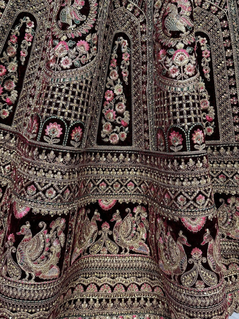 Glorious Dark Maroon Velvet Bridal Lehenga Choli With Double Dupatta - Ethnic Plus In