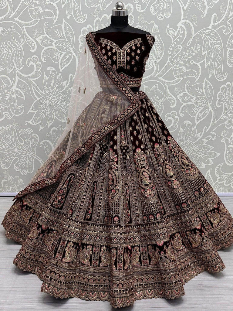 Glorious Dark Maroon Velvet Bridal Lehenga Choli With Double Dupatta - Ethnic Plus In