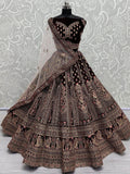 Glorious Dark Maroon Velvet Bridal Lehenga Choli With Double Dupatta - Ethnic Plus In