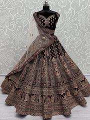 Glorious Dark Maroon Velvet Bridal Lehenga Choli With Double Dupatta - Ethnic Plus In