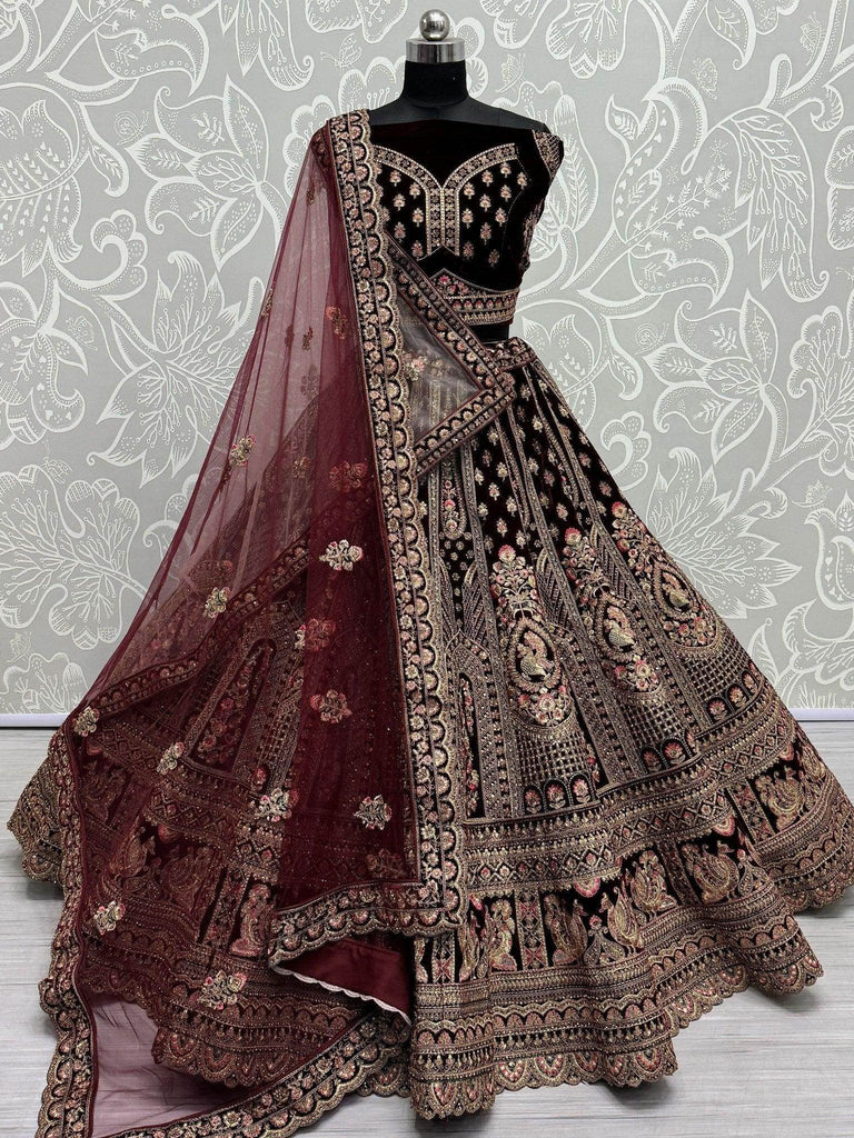 Glorious Dark Maroon Velvet Bridal Lehenga Choli With Double Dupatta - Ethnic Plus In