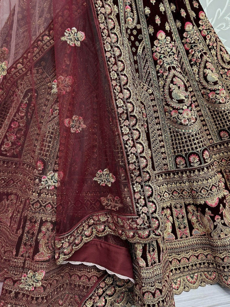 Glorious Dark Maroon Velvet Bridal Lehenga Choli With Double Dupatta - Ethnic Plus In