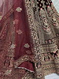 Glorious Dark Maroon Velvet Bridal Lehenga Choli With Double Dupatta - Ethnic Plus In