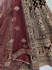 Glorious Dark Maroon Velvet Bridal Lehenga Choli With Double Dupatta - Ethnic Plus In