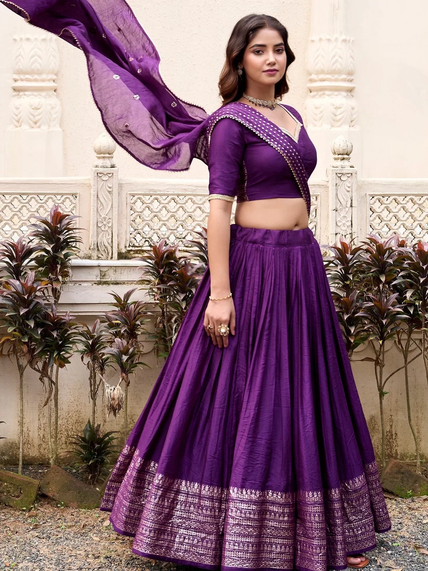 Purple designer lehenga choli with embroidered dupatta, perfect for Indian ethnic occasions
