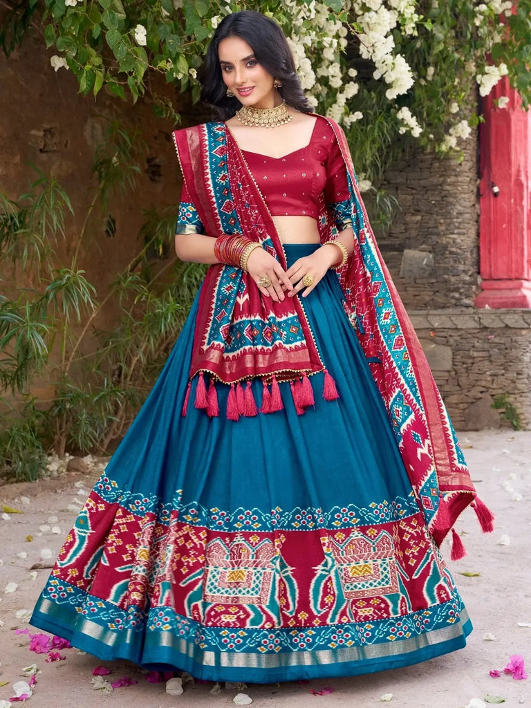Glorious Teal Blue Patola Printed Tussar Silk Festive Wear Lehenga Choli - Ethnic Plus In