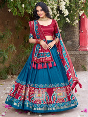 Glorious Teal Blue Patola Printed Tussar Silk Festive Wear Lehenga Choli - Ethnic Plus In