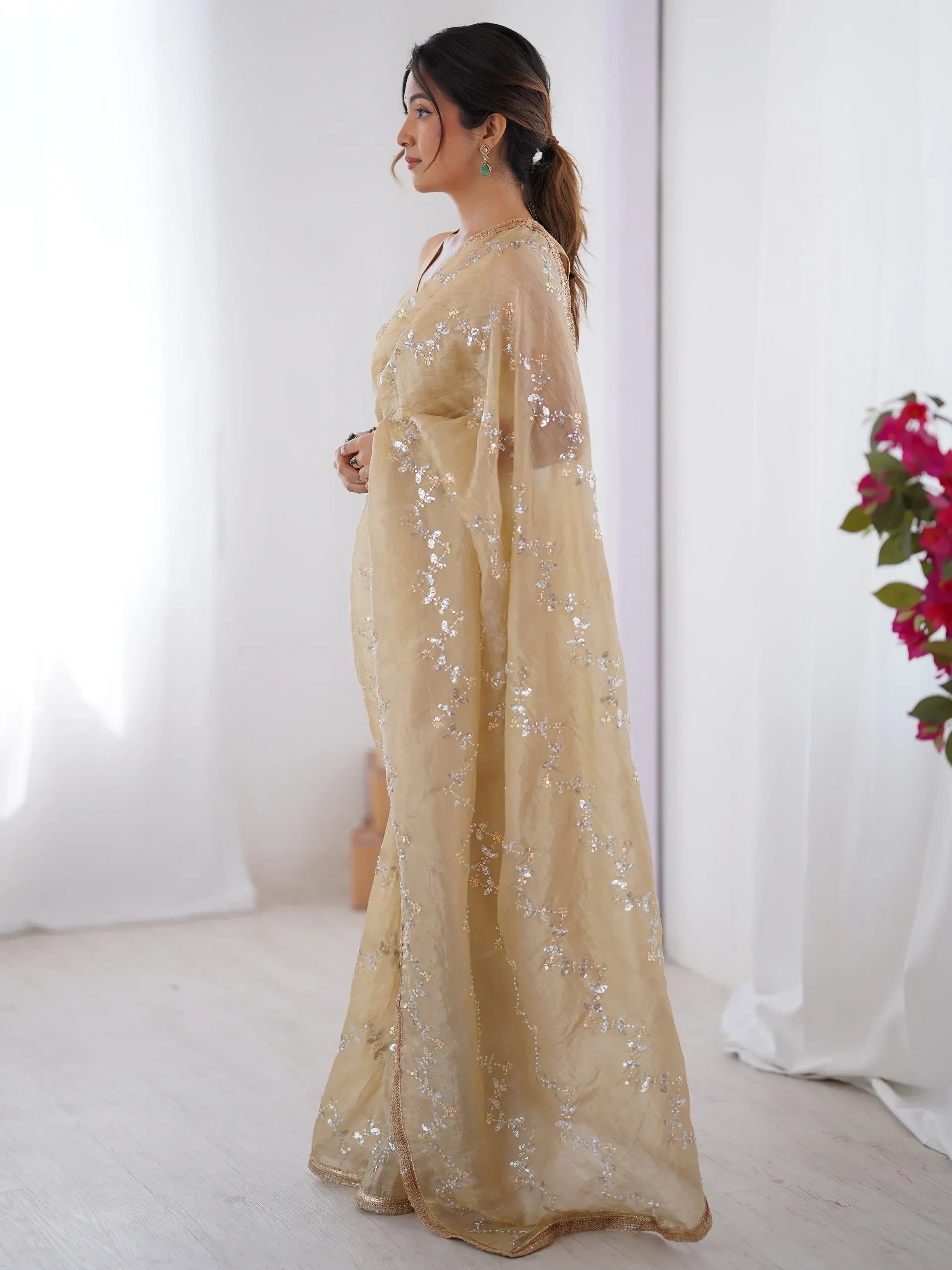 Gorgeous Beige Organza Beads Work Saree With Blouse - Ethnic Plus In