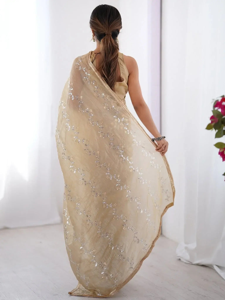 Gorgeous Beige Organza Beads Work Saree With Blouse - Ethnic Plus In