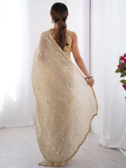 Gorgeous Beige Organza Beads Work Saree With Blouse - Ethnic Plus In