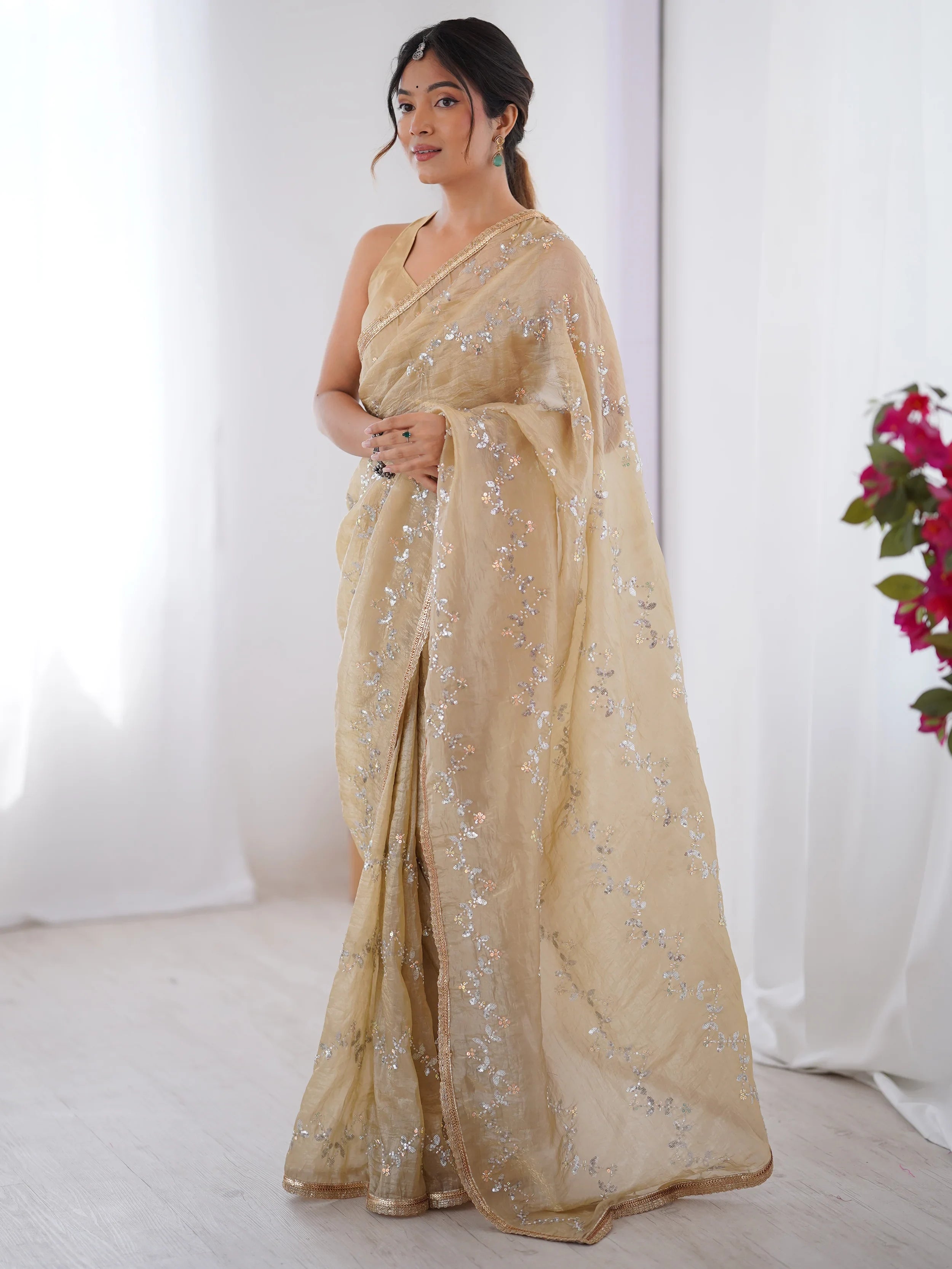 Gorgeous Beige Organza Beads Work Saree With Blouse - Ethnic Plus In