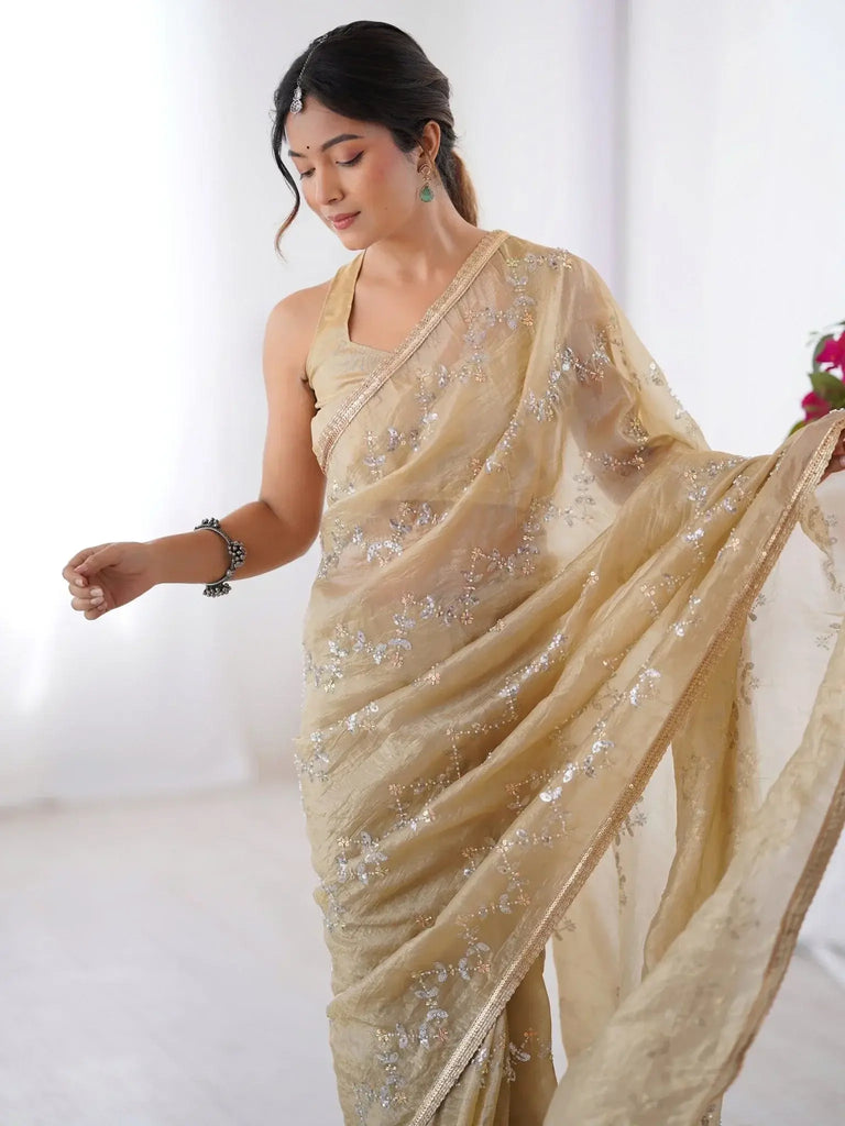 Gorgeous Beige Organza Beads Work Saree With Blouse - Ethnic Plus In