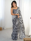 Gorgeous Black Chinon Mirror Cut Work Saree With Blouse - Ethnic Plus In