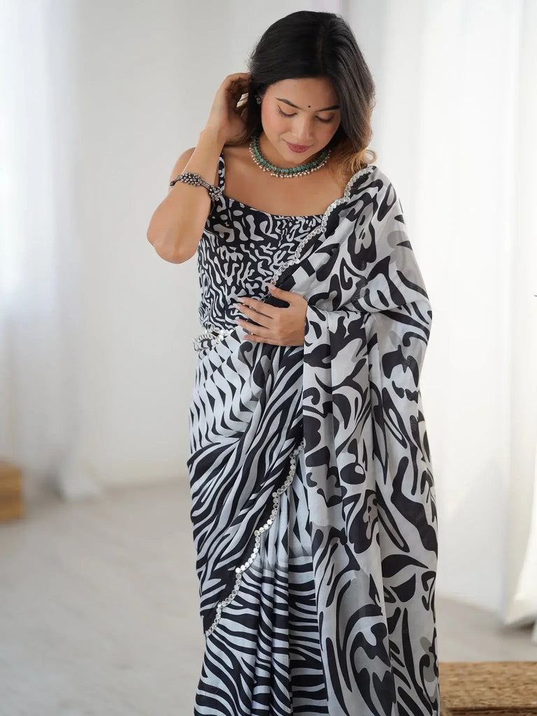 Gorgeous Black Chinon Mirror Cut Work Saree With Blouse - Ethnic Plus In