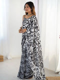 Gorgeous Black Chinon Mirror Cut Work Saree With Blouse - Ethnic Plus In