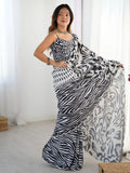 Gorgeous Black Chinon Mirror Cut Work Saree With Blouse - Ethnic Plus In