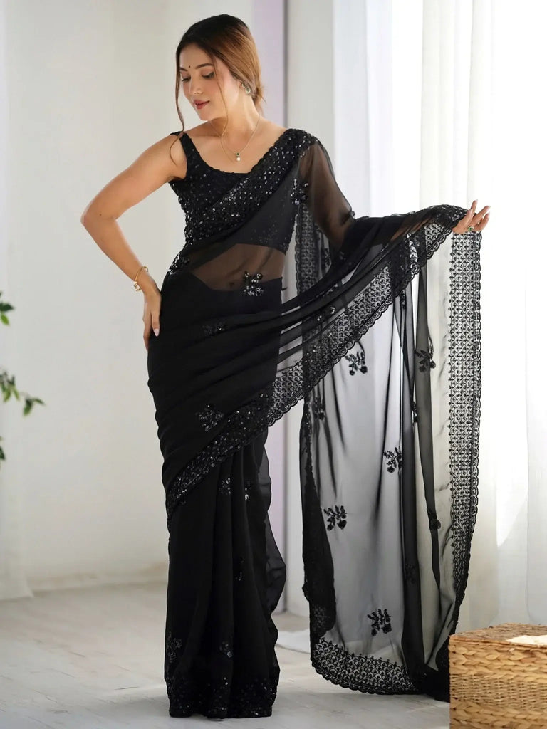 Gorgeous Black Georgette Embroidered Reception Wear Saree - Ethnic Plus In