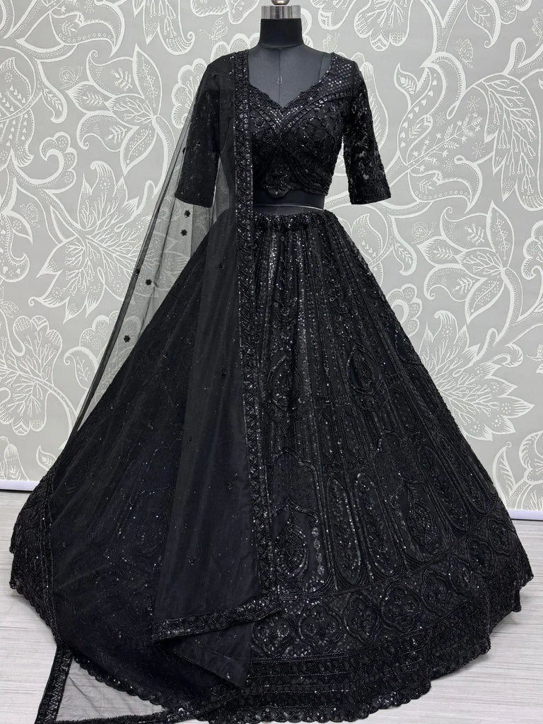 Gorgeous Black Hand Embroidery Net Sangeet Wear Lehenga With Blouse - Ethnic Plus In
