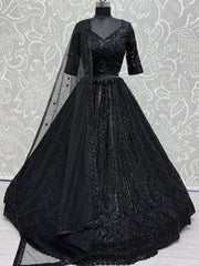 Gorgeous Black Hand Embroidery Net Sangeet Wear Lehenga With Blouse - Ethnic Plus In