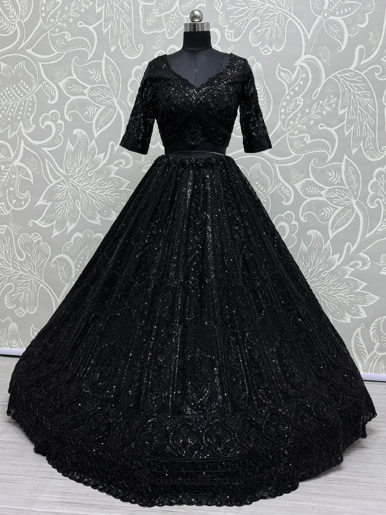 Gorgeous Black Hand Embroidery Net Sangeet Wear Lehenga With Blouse - Ethnic Plus In