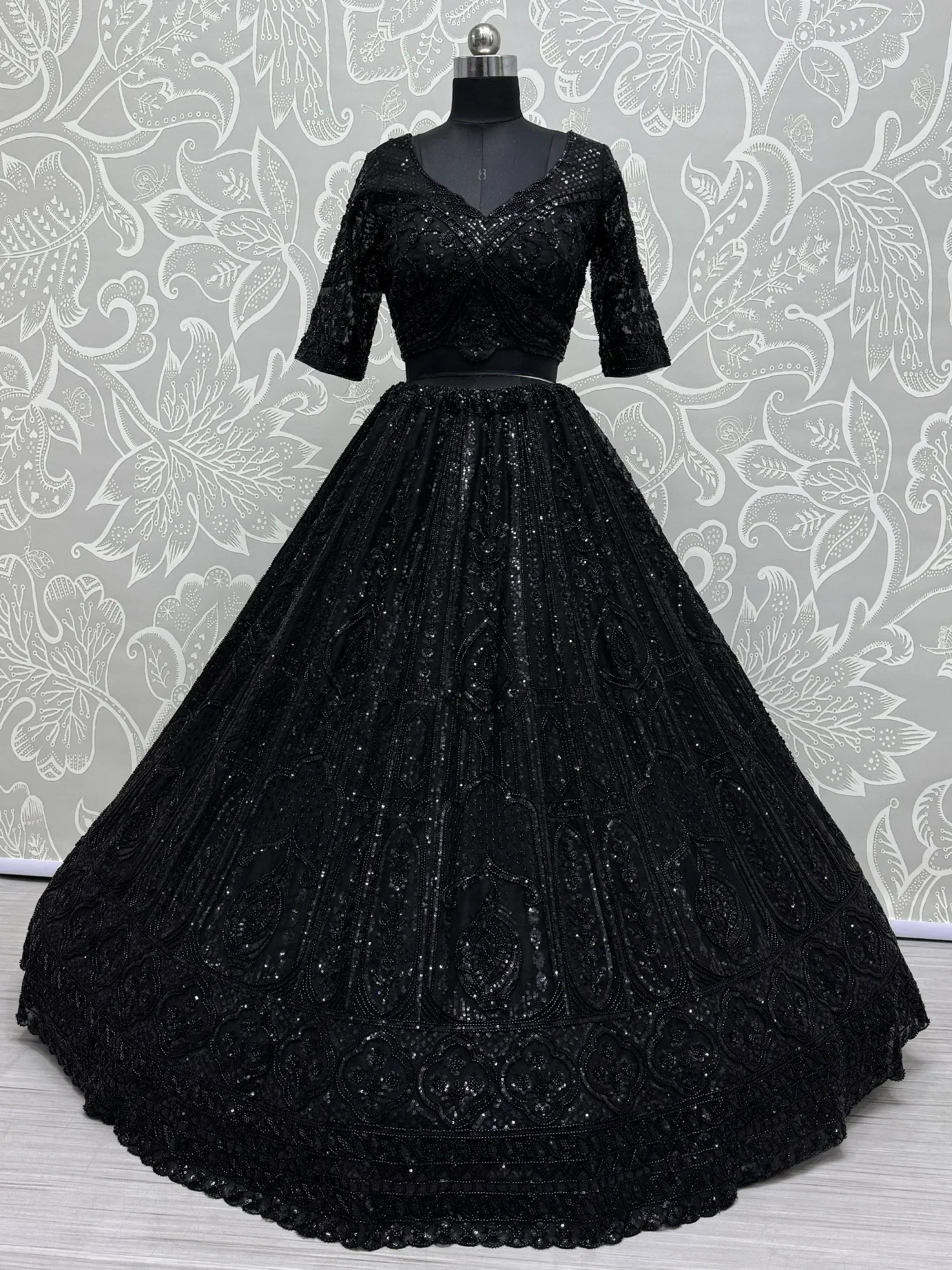Black embroidered lehenga choli with sequins, designer ethnic wear for weddings
