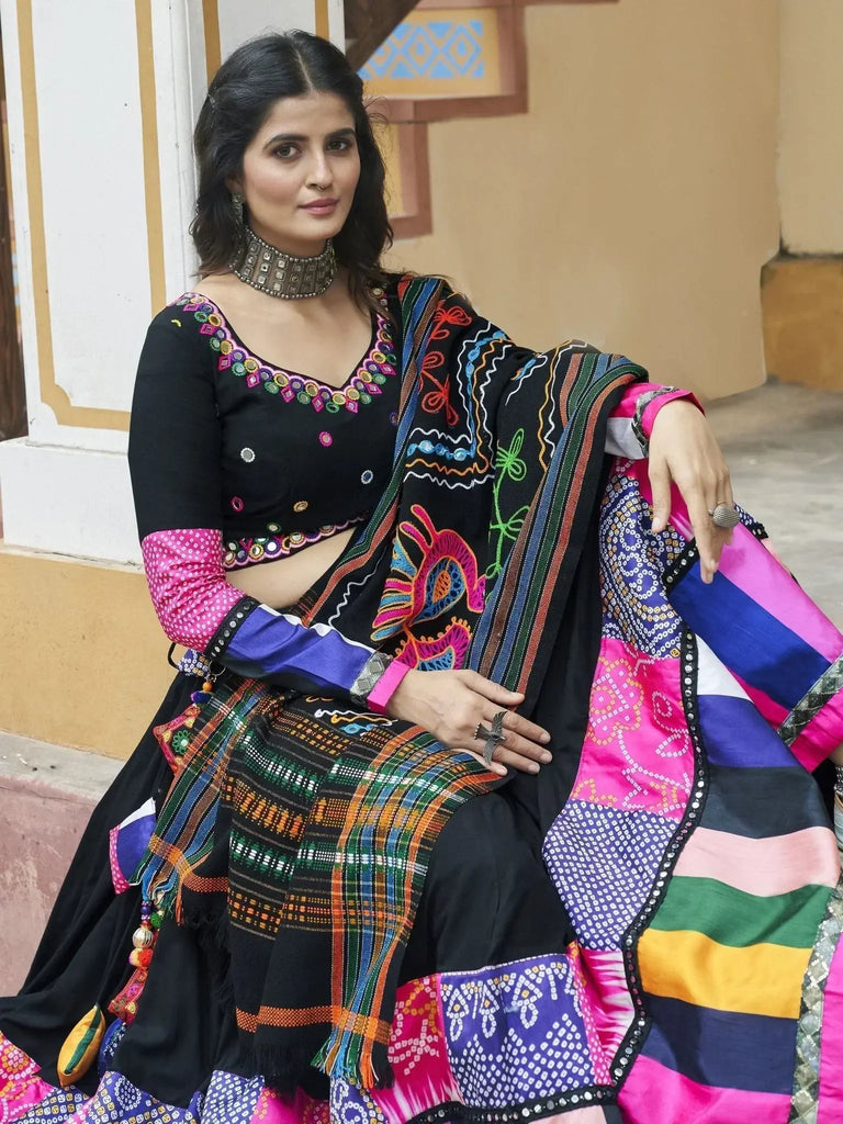 Gorgeous Black Printed Rayon Navratri Lehenga Choli With Dupatta - Ethnic Plus In