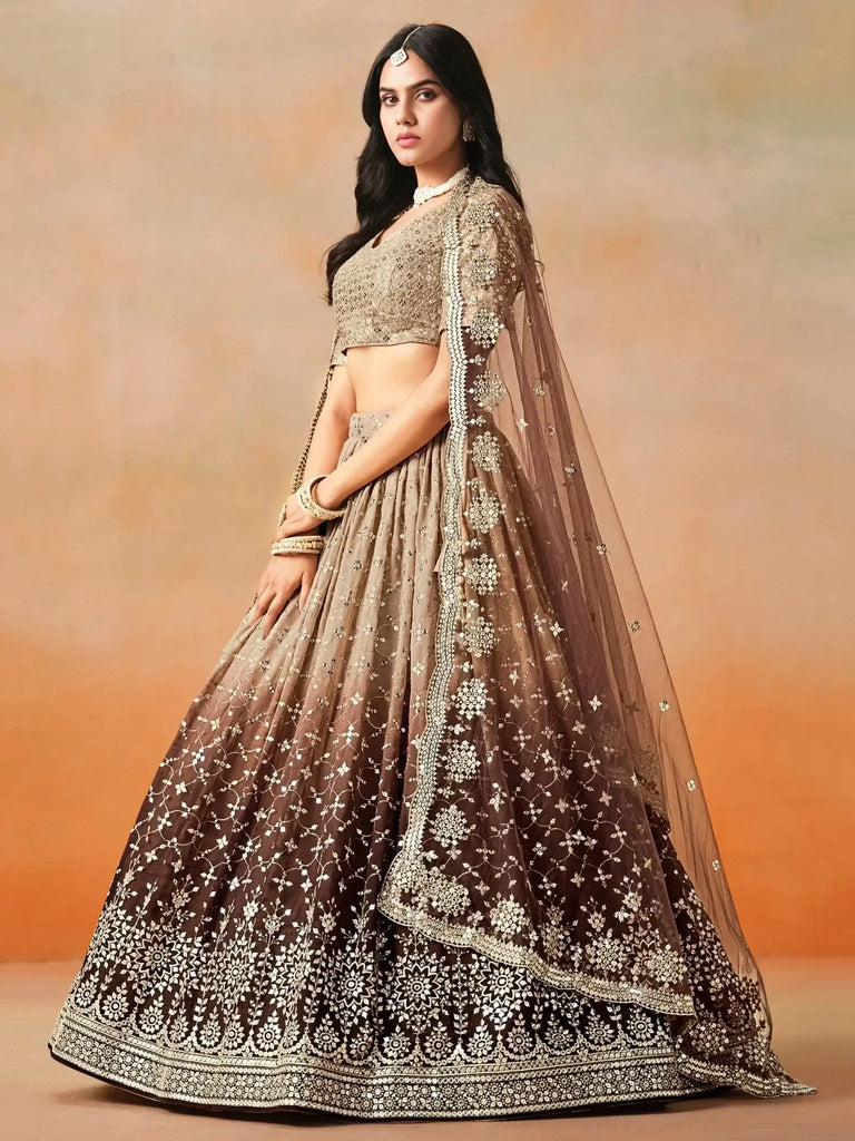 Gorgeous Brown Georgette Zari Embroidered Lehenga Choli With Dupatta - Ethnic Plus In