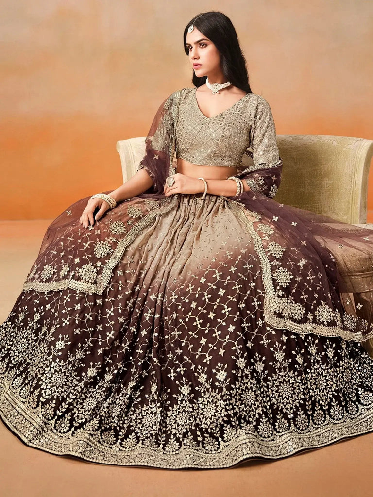 Gorgeous Brown Georgette Zari Embroidered Lehenga Choli With Dupatta - Ethnic Plus In