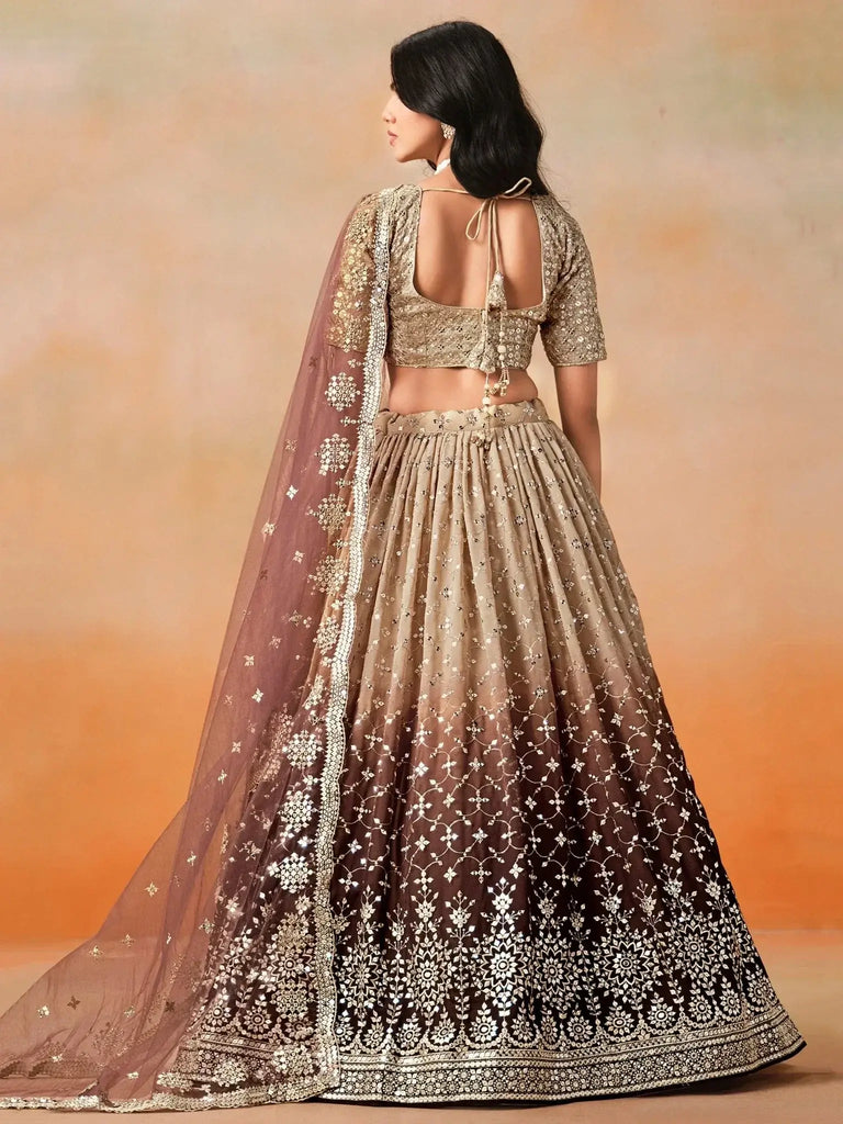 Gorgeous Brown Georgette Zari Embroidered Lehenga Choli With Dupatta - Ethnic Plus In