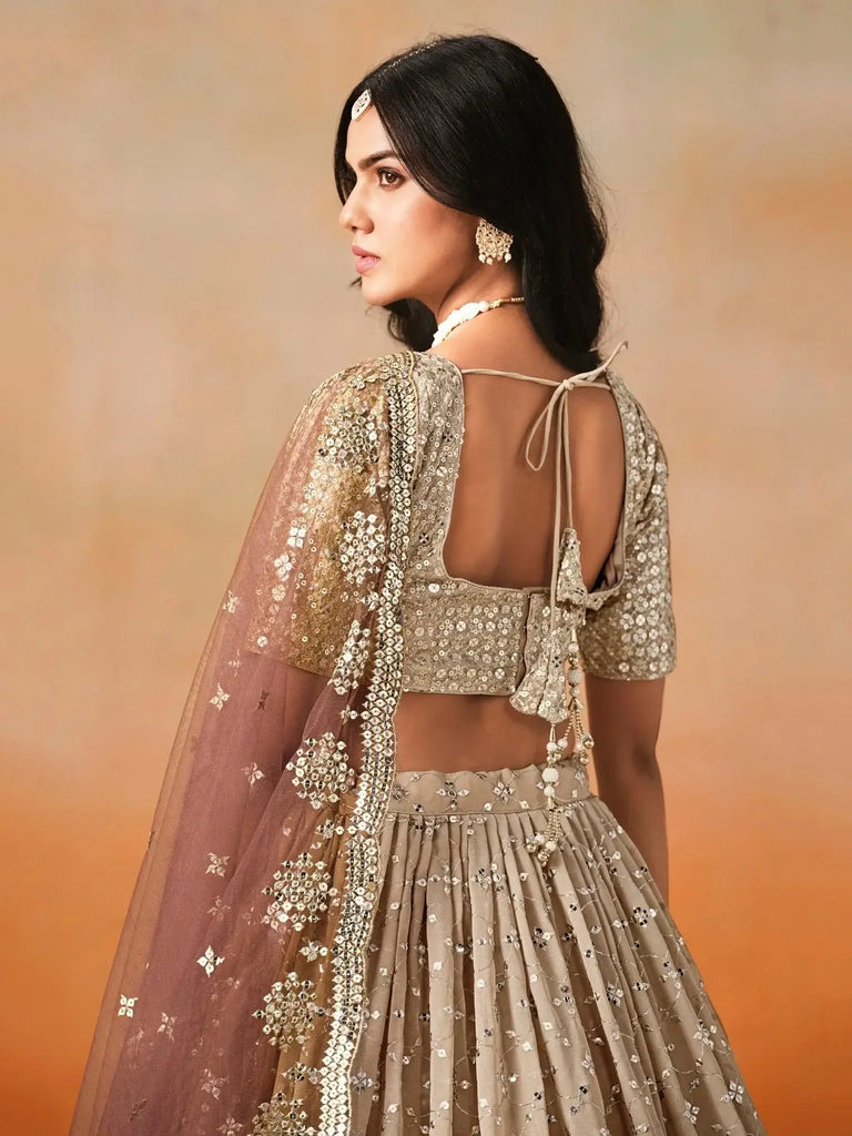 Gorgeous Brown Georgette Zari Embroidered Lehenga Choli With Dupatta - Ethnic Plus In