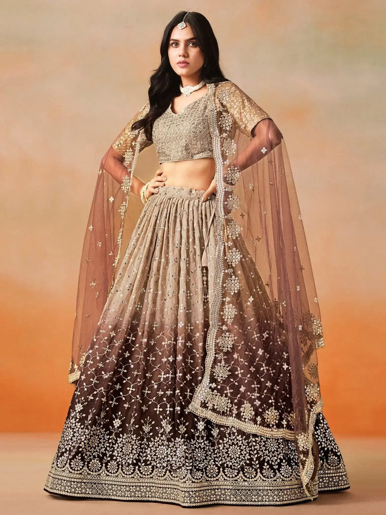 Gorgeous Brown Georgette Zari Embroidered Lehenga Choli With Dupatta - Ethnic Plus In