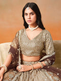 Gorgeous Brown Georgette Zari Embroidered Lehenga Choli With Dupatta - Ethnic Plus In