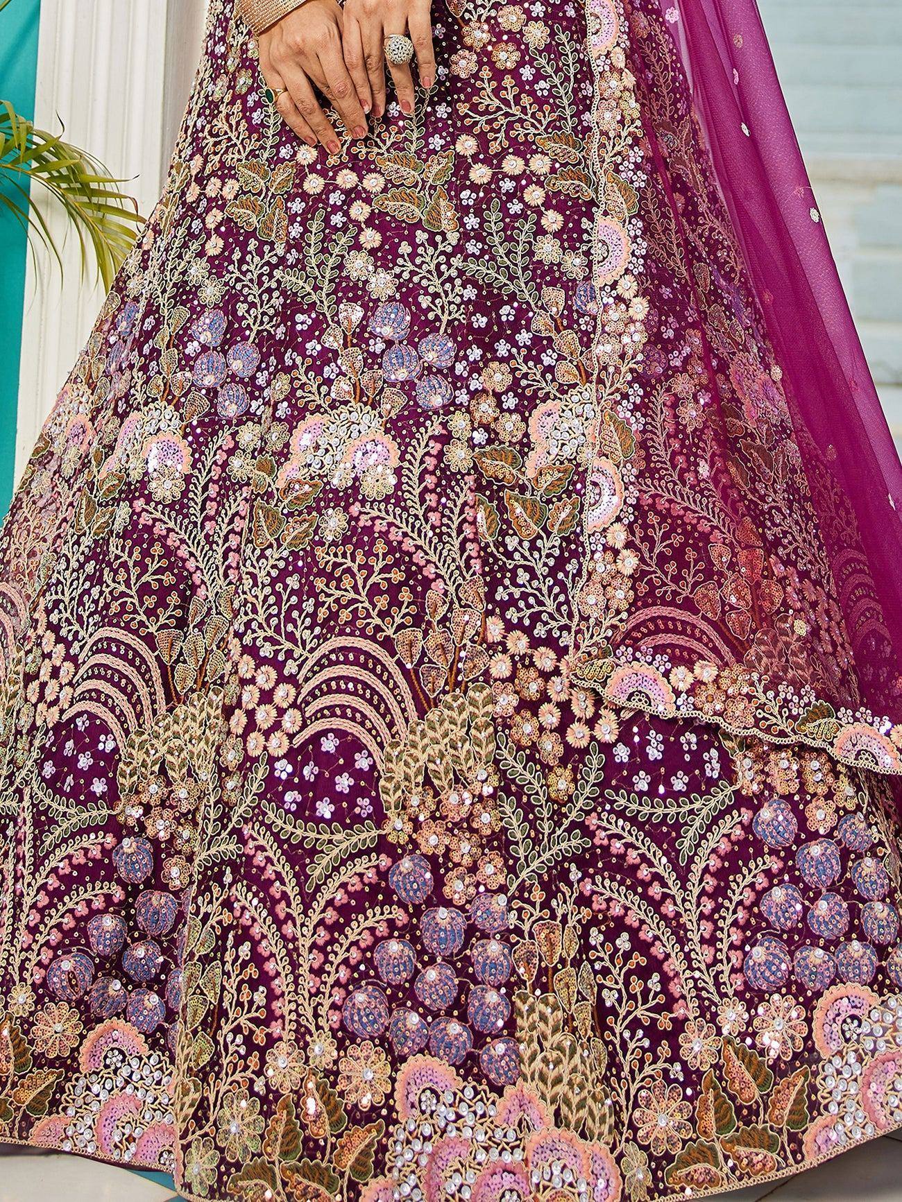 Purple floral embroidered lehenga with intricate gold and sequin detailing, perfect for Indian ethnic wear.