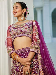 Gorgeous Burgundy Thread Work Net Bridesmaid Lehenga Choli - Ethnic Plus In
