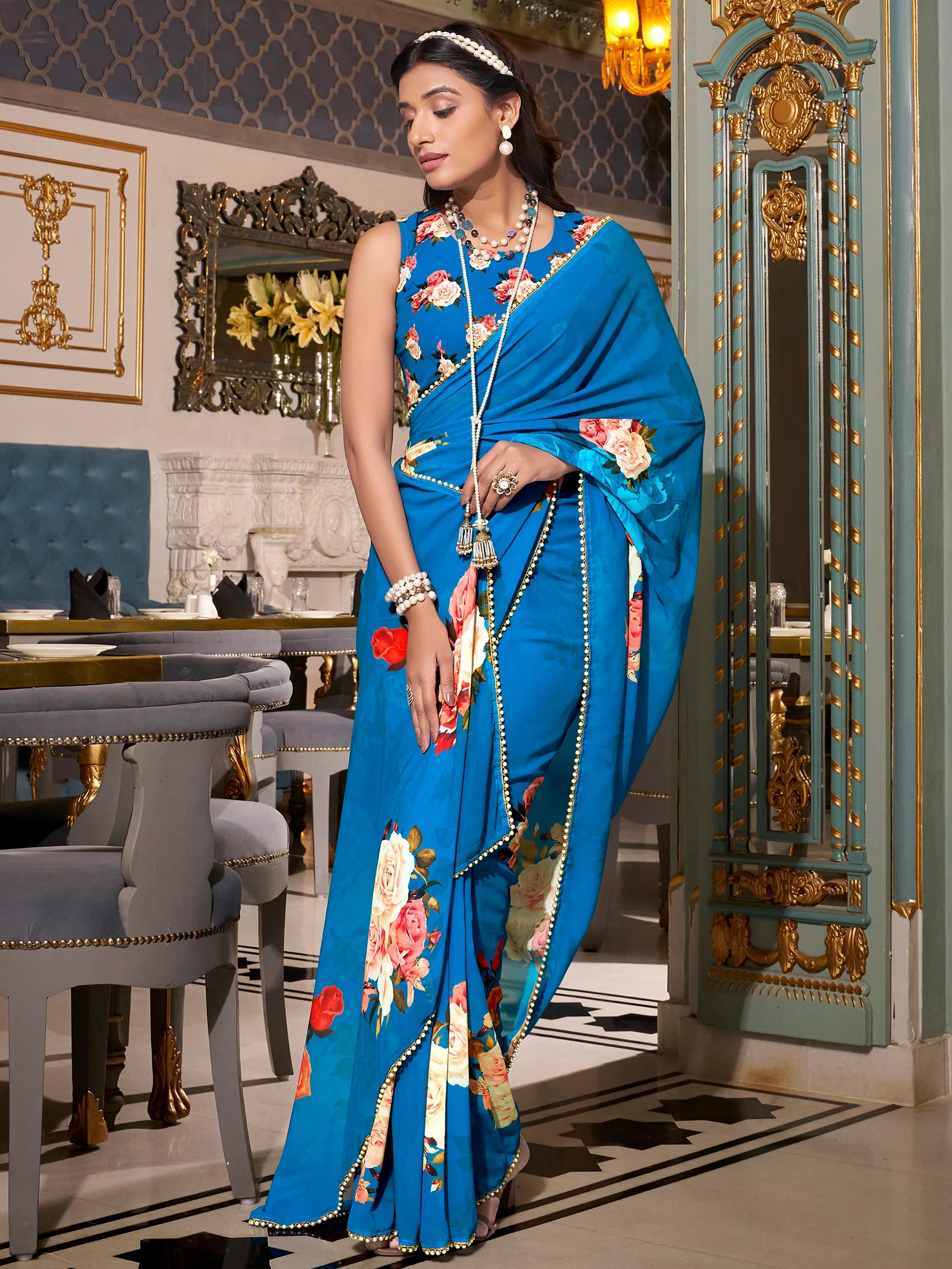Gorgeous Firozi Floral Printed Festival Wear Saree - Ethnic Plus In