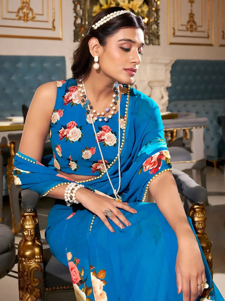Gorgeous Firozi Floral Printed Festival Wear Saree - Ethnic Plus In