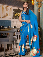 Gorgeous Firozi Floral Printed Festival Wear Saree - Ethnic Plus In
