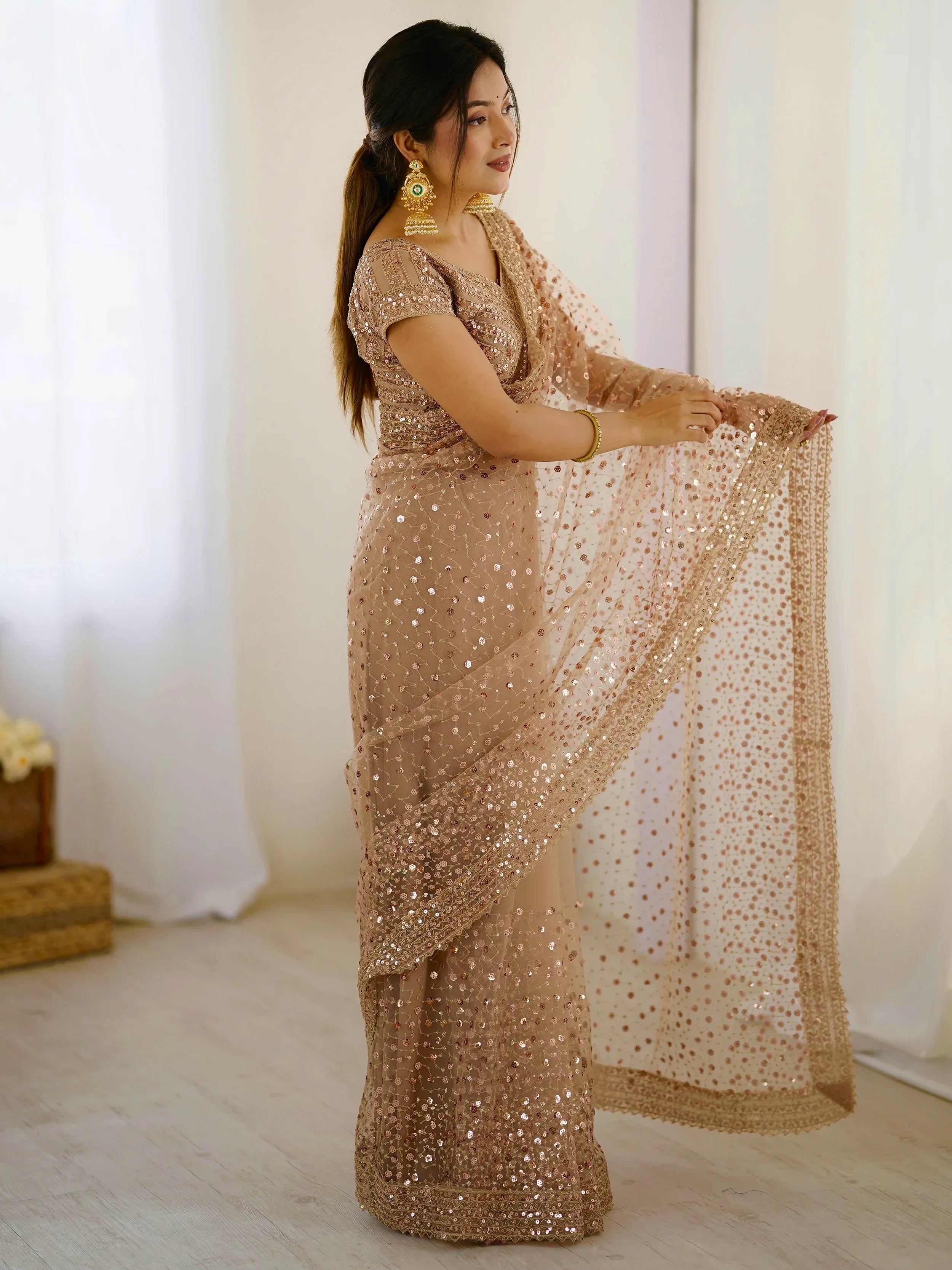 Gorgeous Gold Net Sequins Party Wear Saree With Blouse - Ethnic Plus In