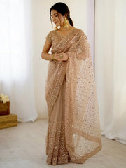 Gorgeous Gold Net Sequins Party Wear Saree With Blouse - Ethnic Plus In