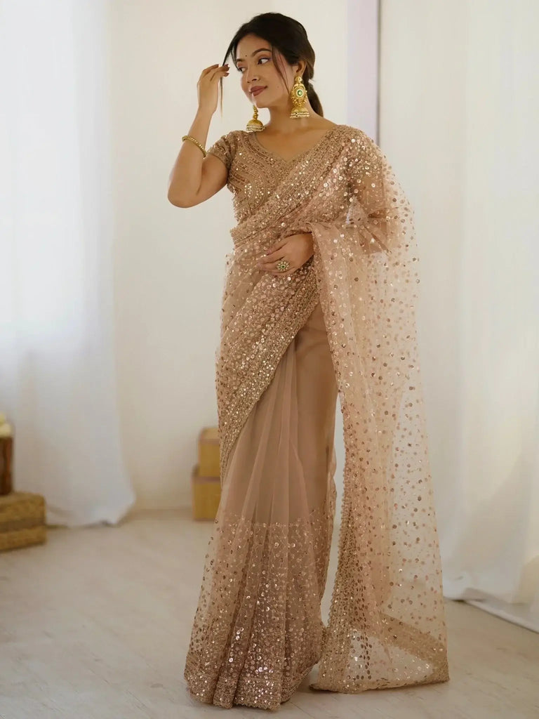 Gorgeous Gold Net Sequins Party Wear Saree With Blouse - Ethnic Plus In