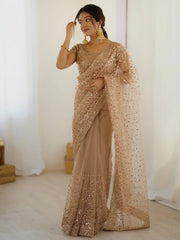 Gorgeous Gold Net Sequins Party Wear Saree With Blouse - Ethnic Plus In