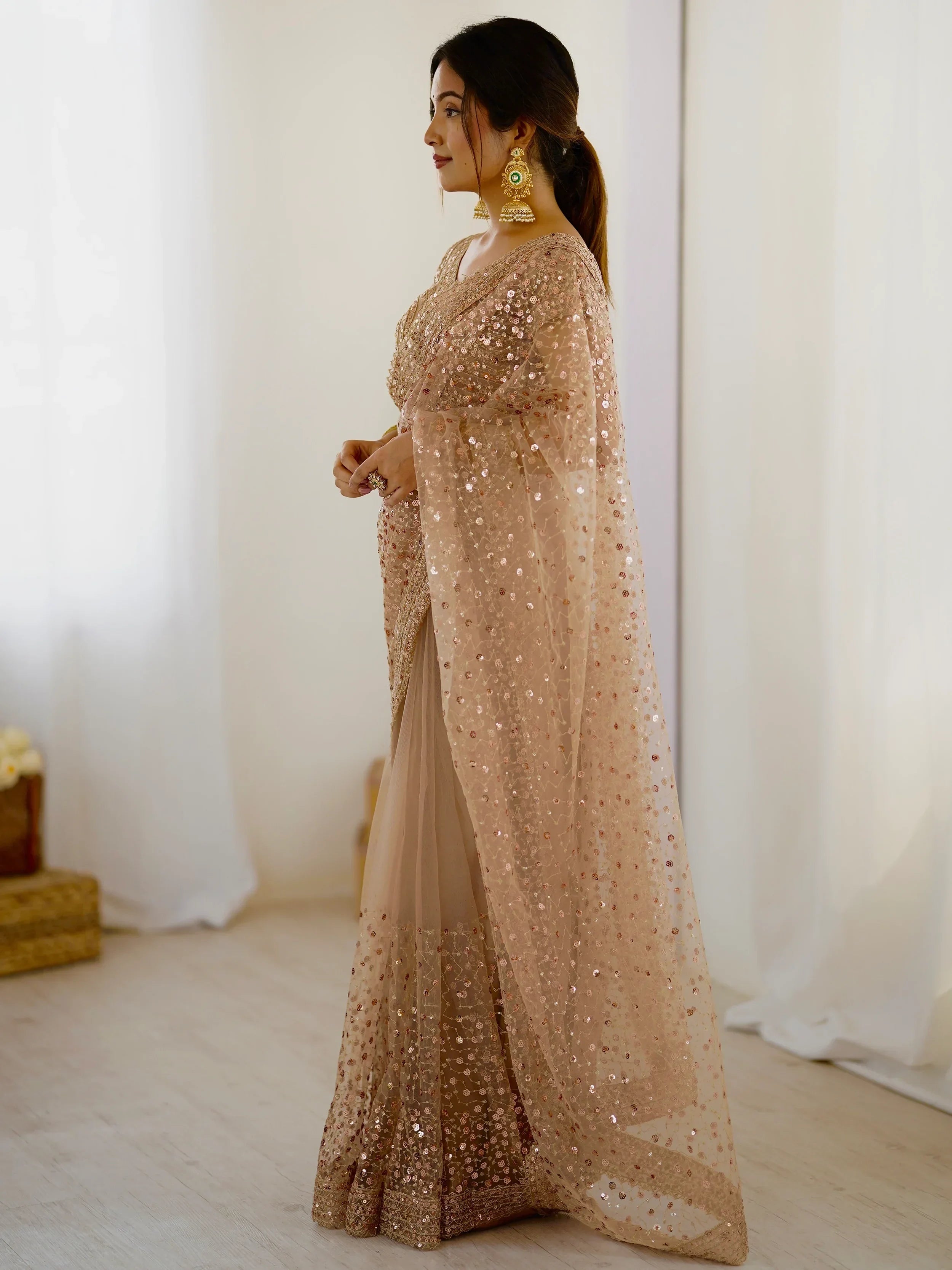 Gorgeous Gold Net Sequins Party Wear Saree With Blouse - Ethnic Plus In