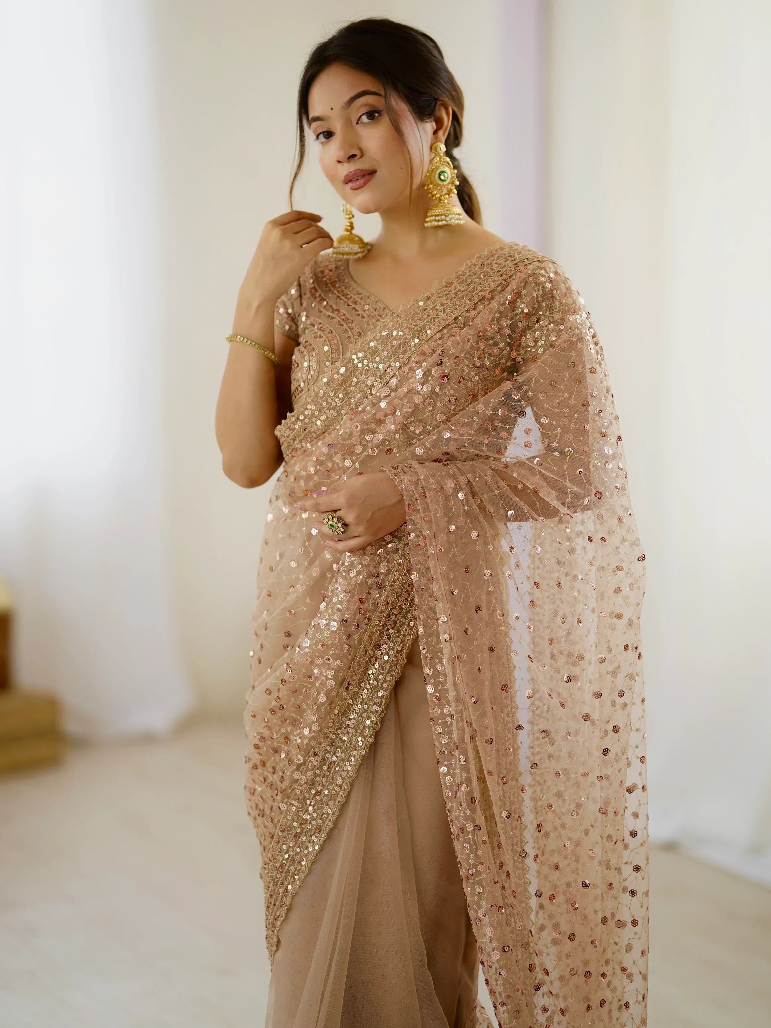 Gorgeous Gold Net Sequins Party Wear Saree With Blouse - Ethnic Plus In