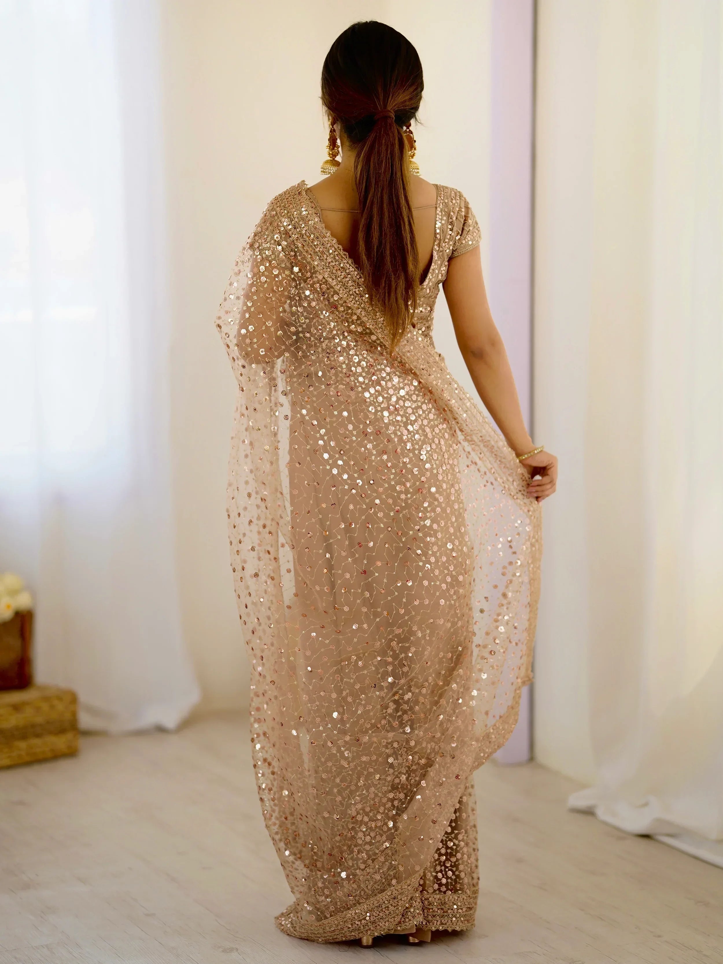 Gorgeous Gold Net Sequins Party Wear Saree With Blouse - Ethnic Plus In