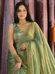 Gorgeous Green Soft Silk Beads Work Mehendi Wear Saree - Ethnic Plus In